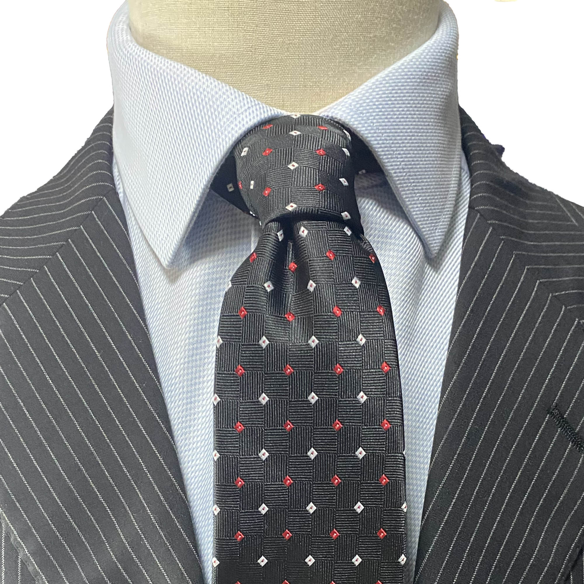 OroTie Square Jacquare Black Background with white and Red diamond