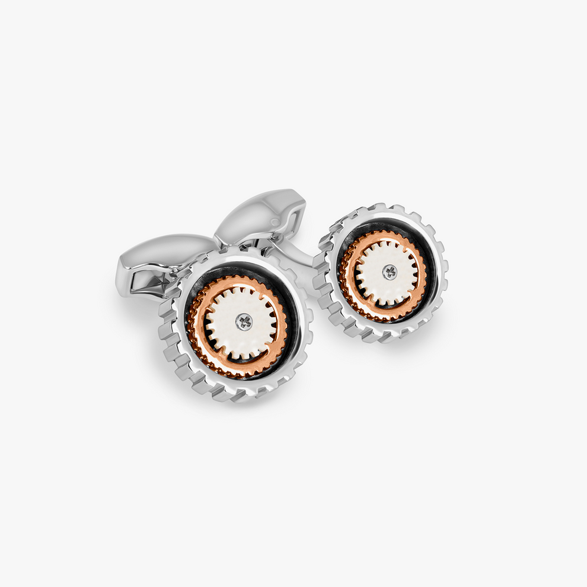 Rotare Gear Cufflinks Rhodium Plated with White Mother of Pearl
