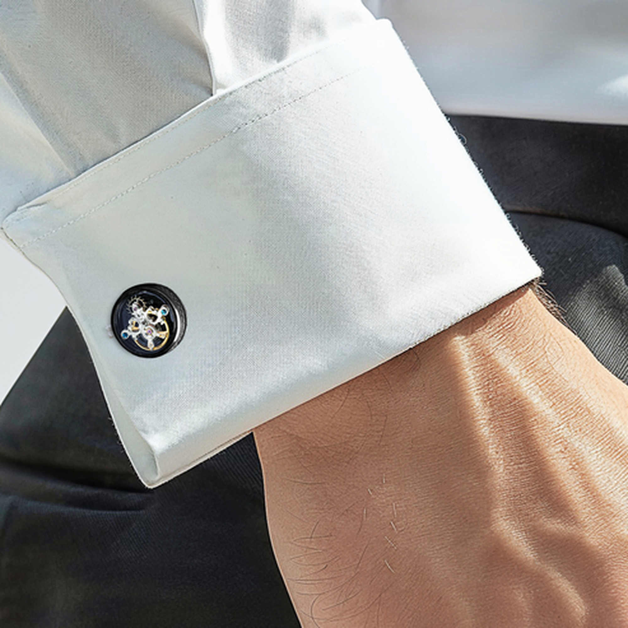 Single Tourbillon Gear Cufflinks Gunmetal and Black Enamel