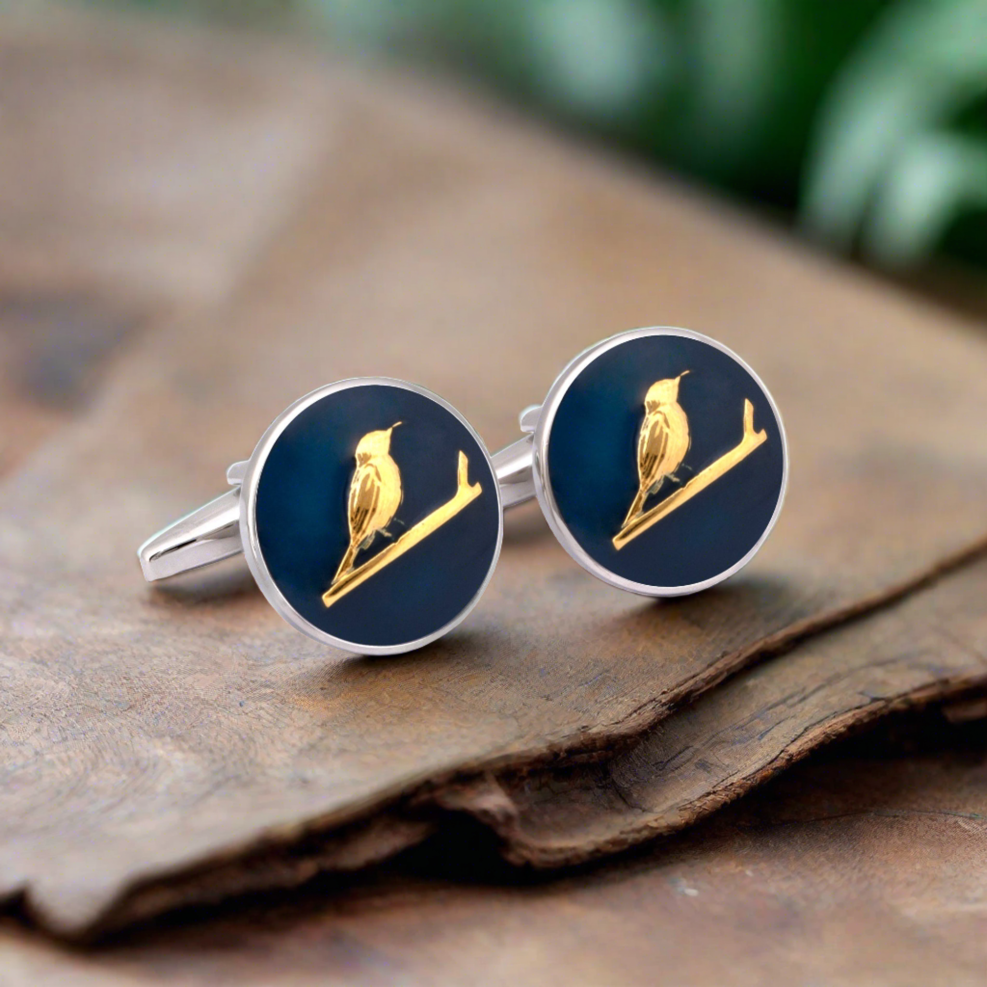 MarZthomson Botanic Series - Round Gold Sunbird Cufflinks in Dark Blue