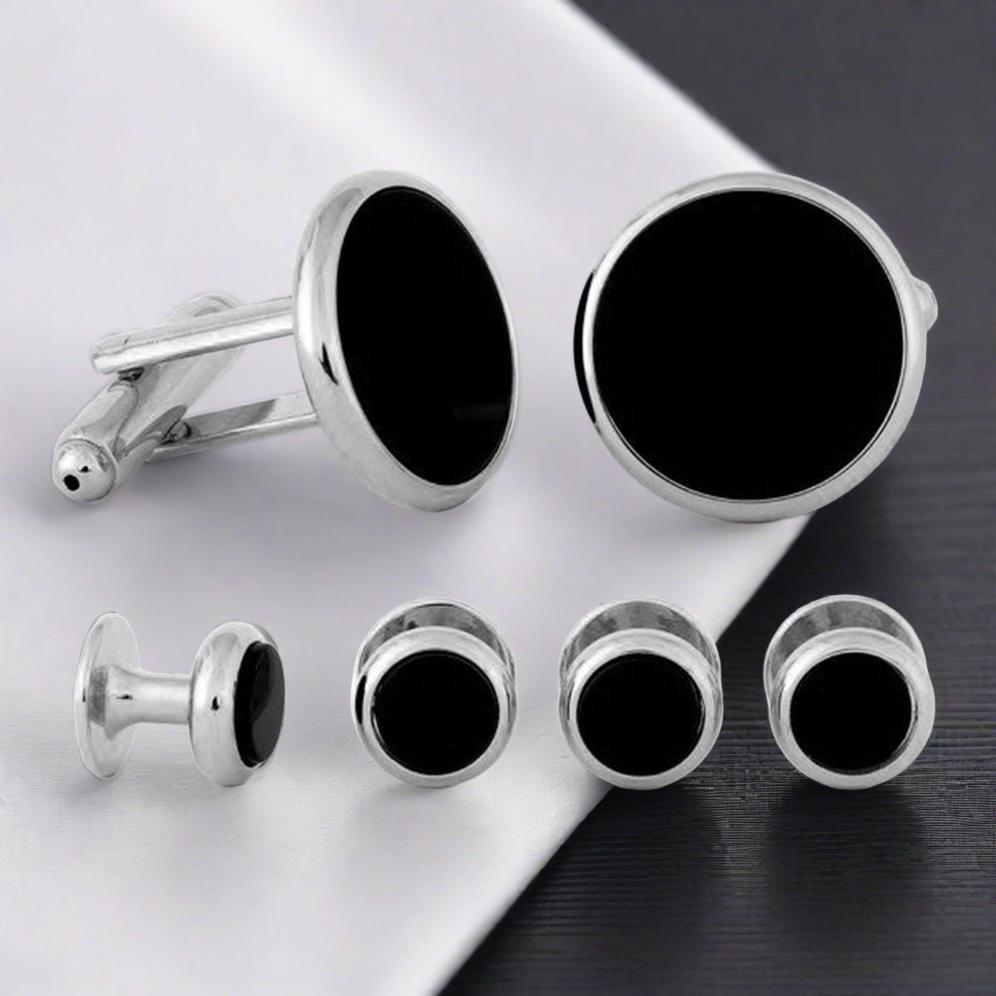 Men's Tuxedo Cufflinks and Studs - Black Onyx with Silver