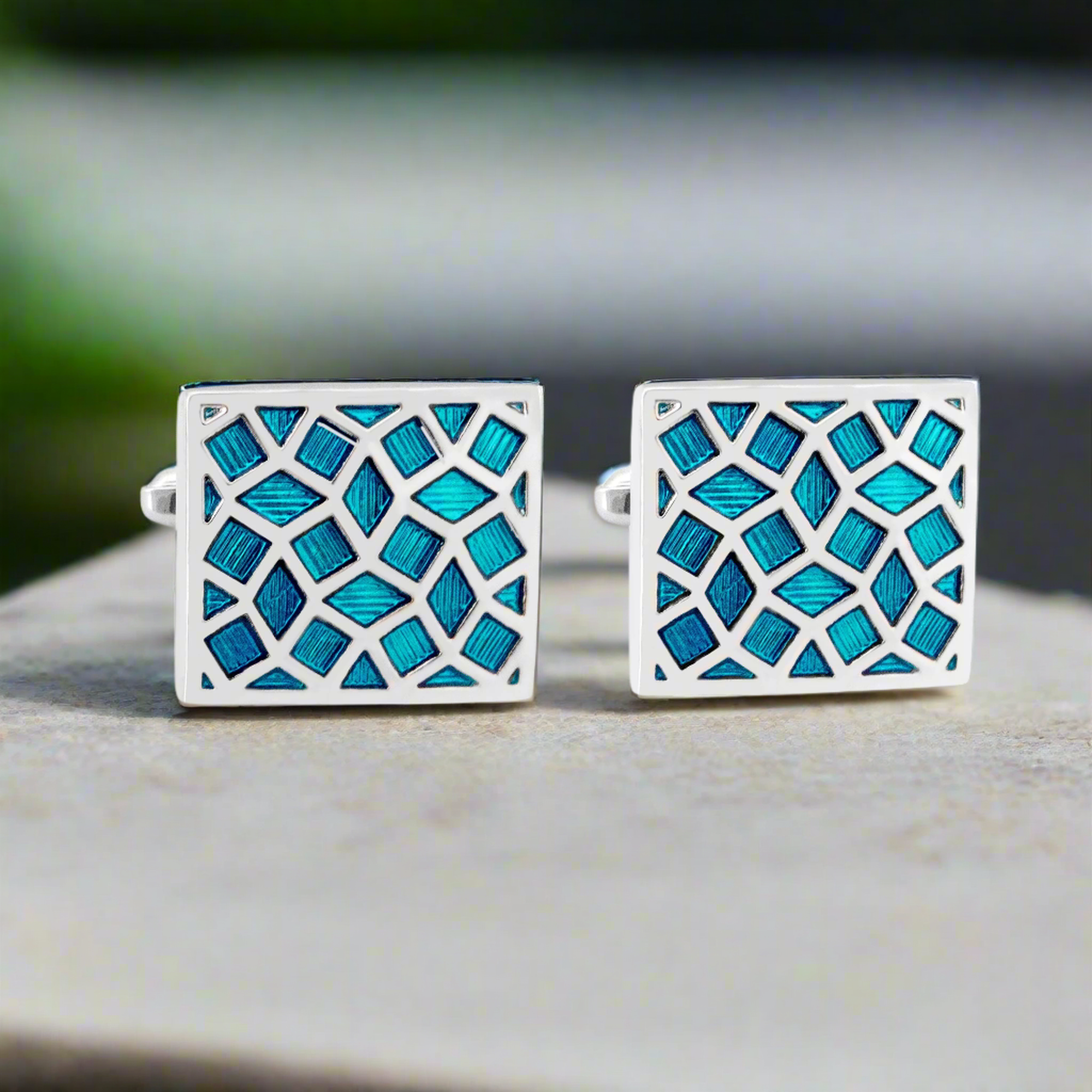 Silver with Turquoise Enamel Crack Design Cufflinks