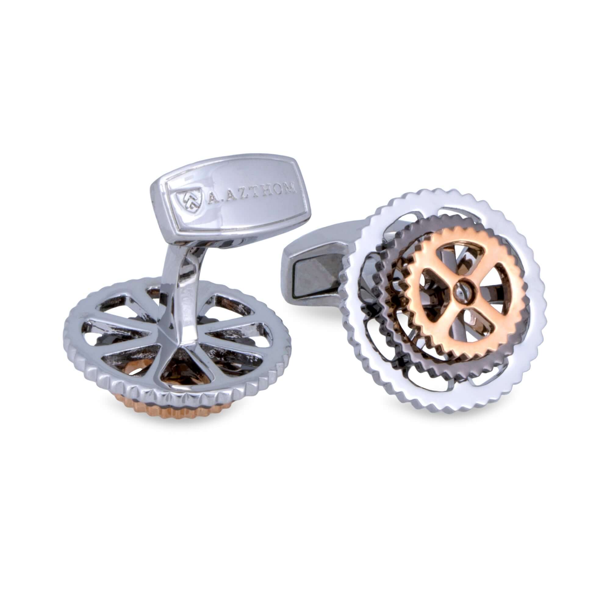 A.Azthom Rotatable Bike Gear Rhodium Trio Colour Plated Cufflinks-Cufflinks.com.sg