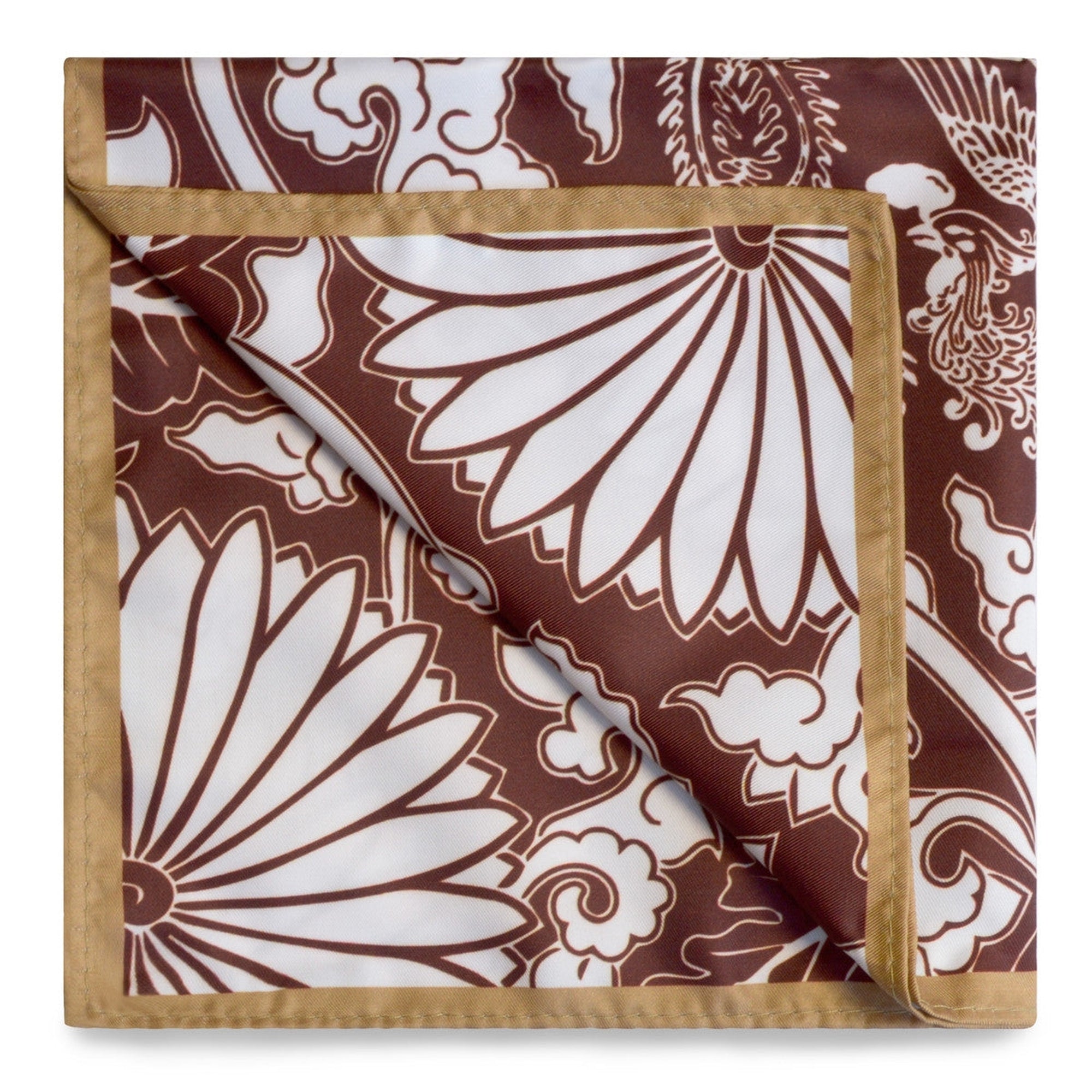 Peranakan Floral Print Pocket Square in Brown and Tan Trimming-Pocket Squares-MarZthomson-Cufflinks.com.sg