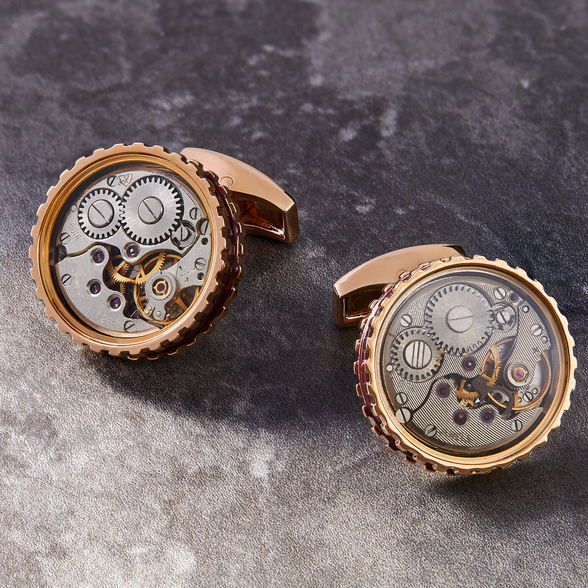 Round Skeleton Gear Cufflinks with Enamel Edge - Rose Gold and Burgundy-Novelty Cufflinks-Tateossian-Cufflinks.com.sg