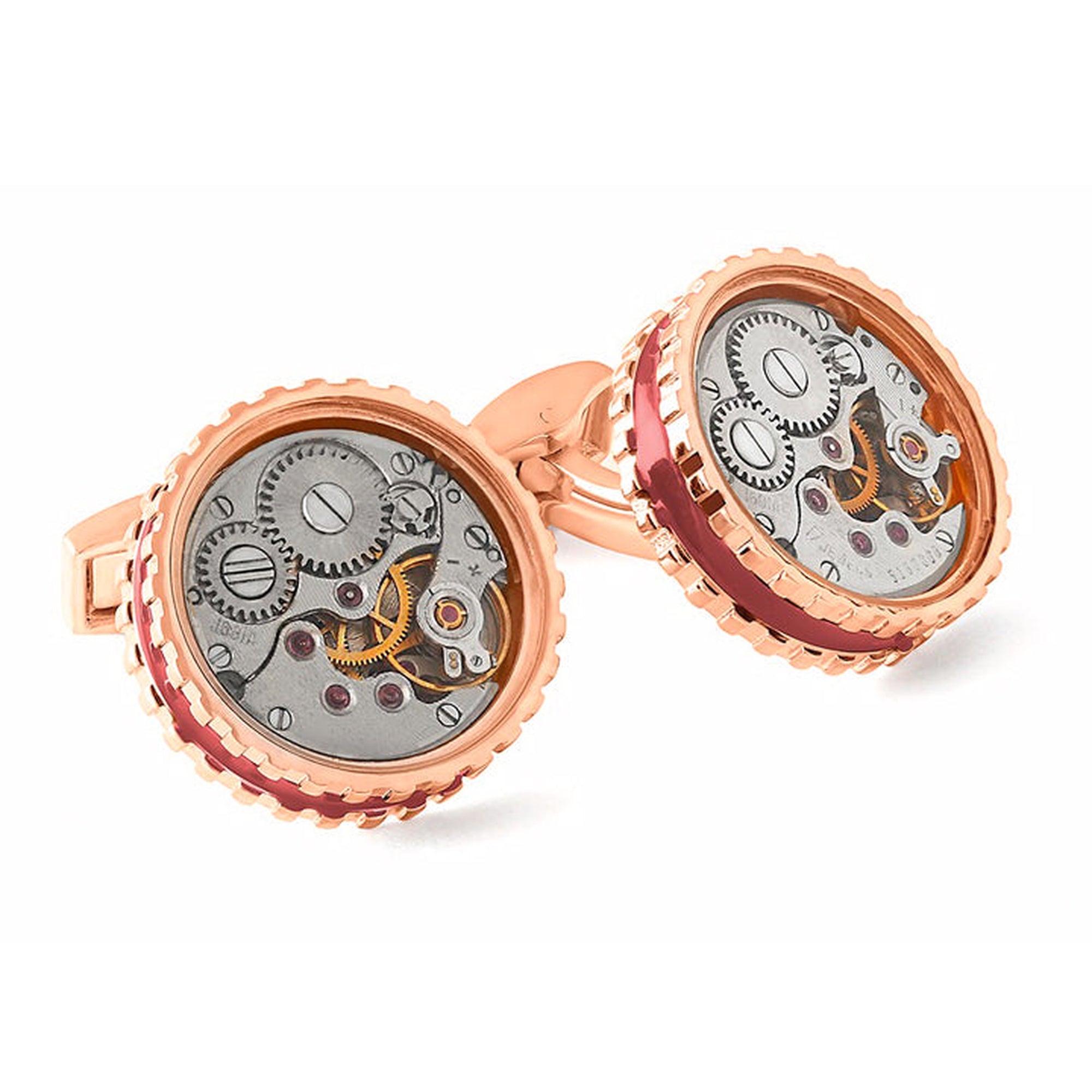 Round Skeleton Gear Cufflinks with Enamel Edge - Rose Gold and Burgundy-Novelty Cufflinks-Tateossian-Cufflinks.com.sg