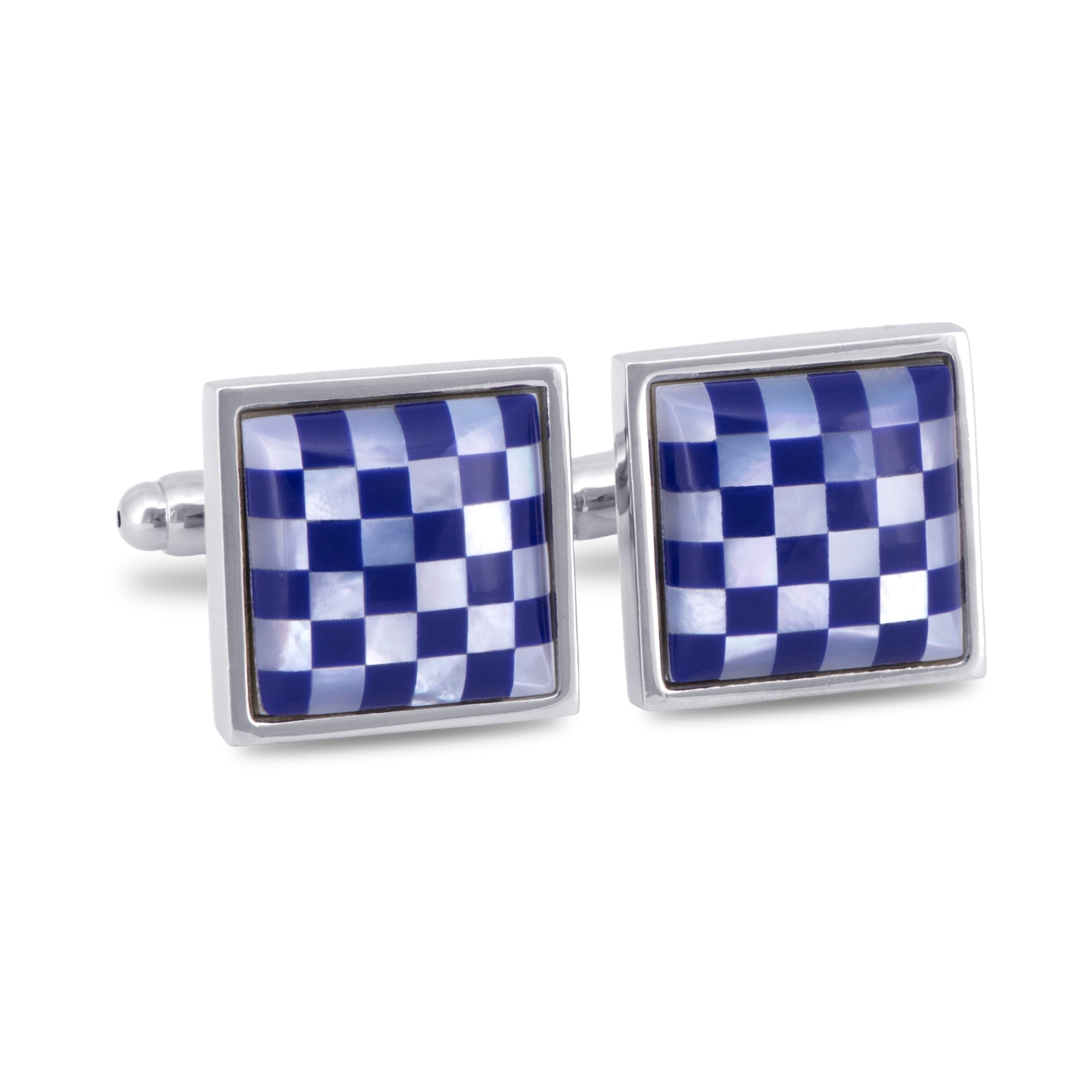 White Mother of Pearl and Blue Checks Cufflinks-Cufflinks.com.sg