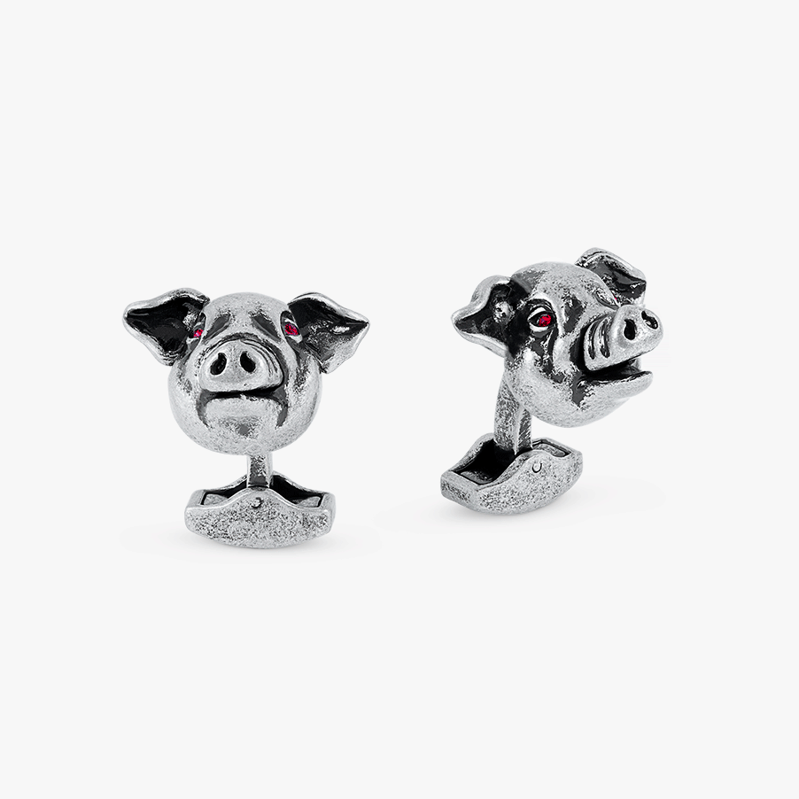 Pig mechanical cufflinks with red Swarovski elements