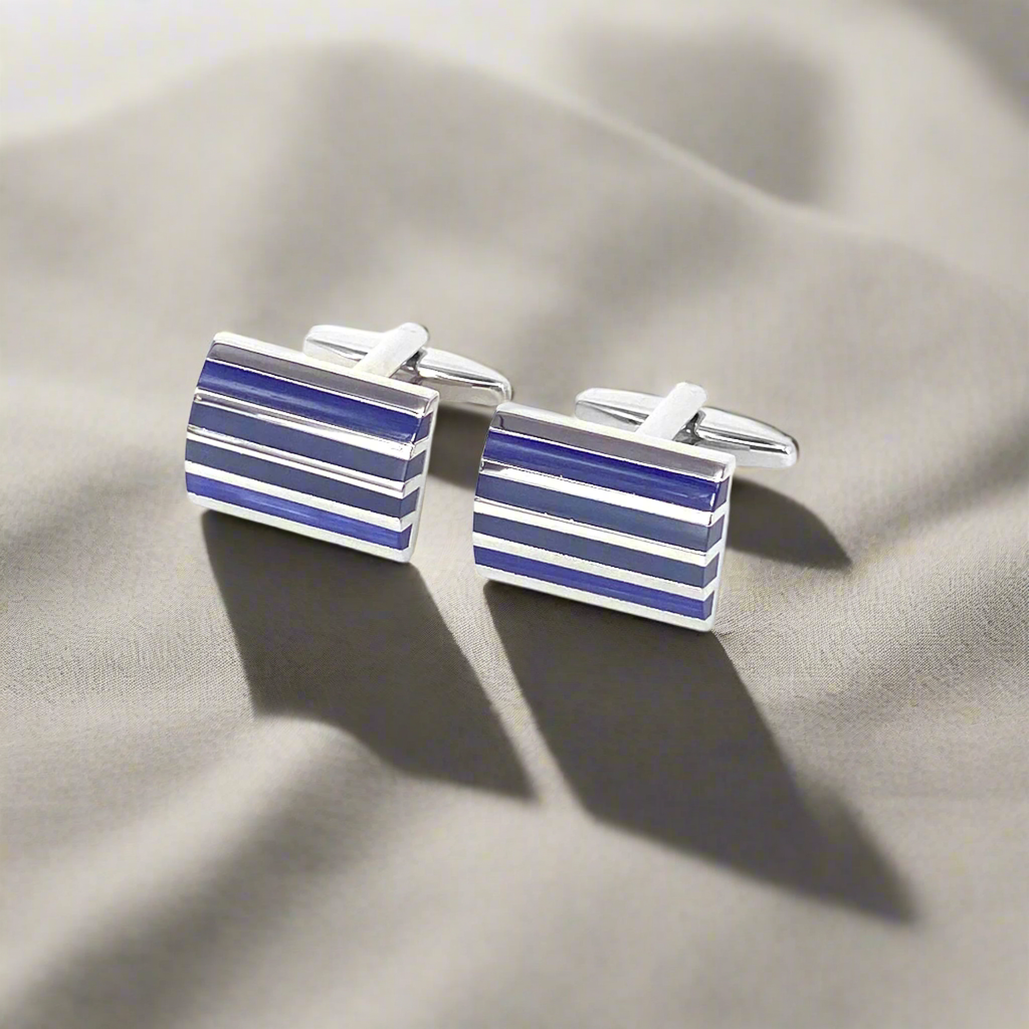 Rectangle Horizonal silver and blue enamal  Cufflinks