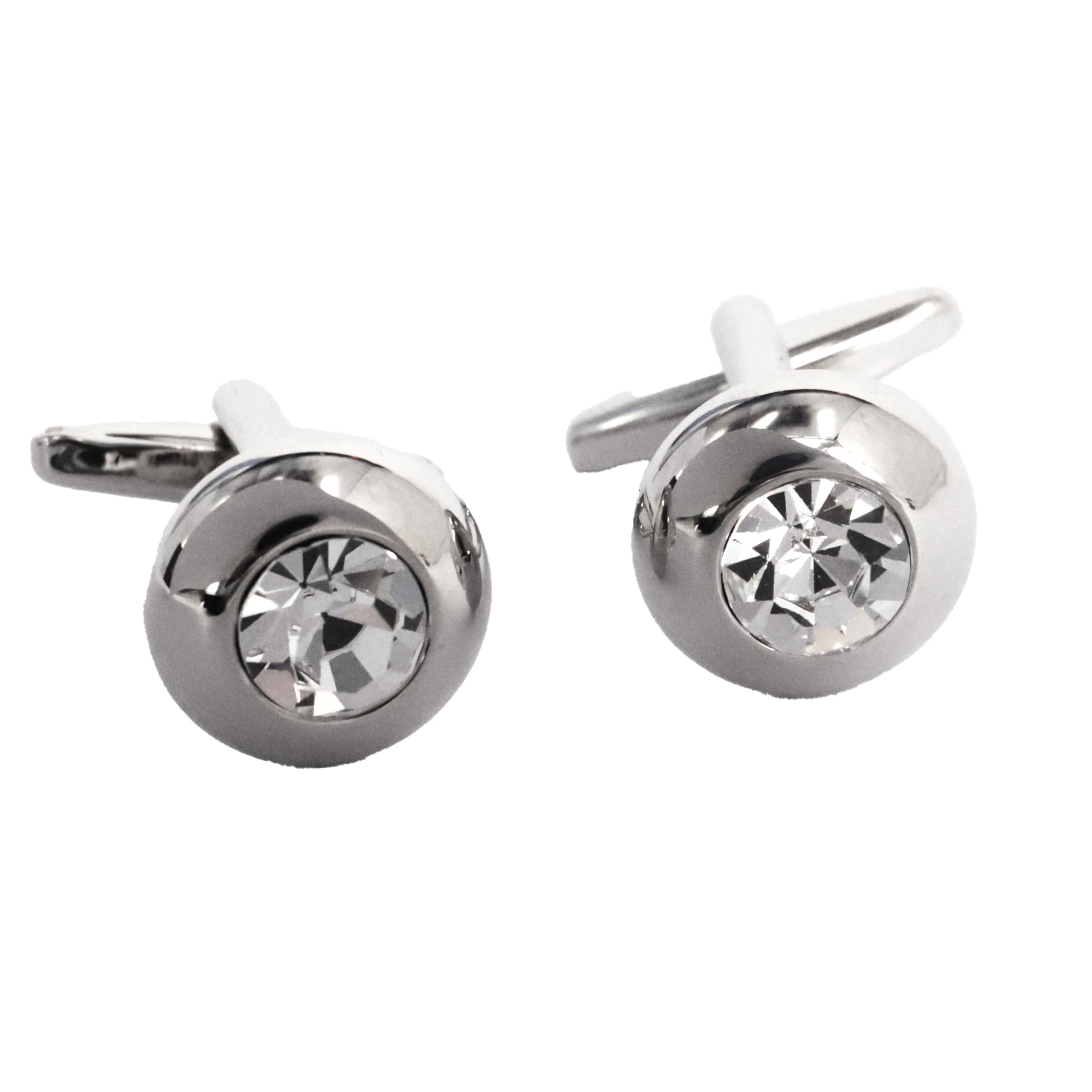 Round Silver One Clear Diamond Crystal Cufflinks