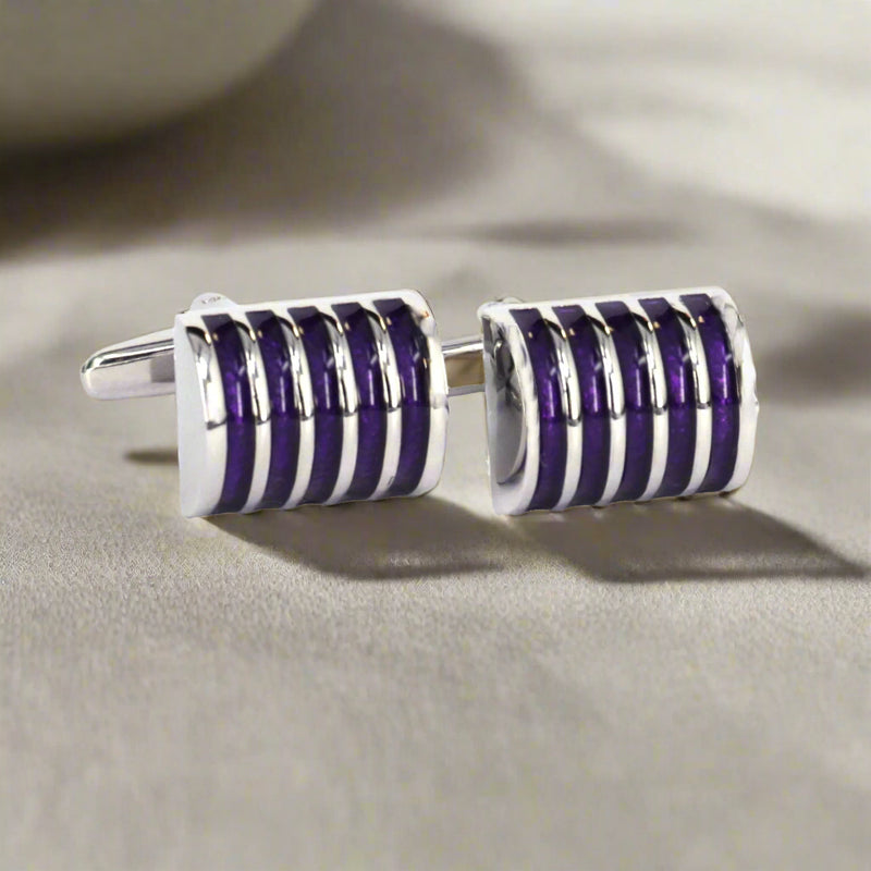 Rectangle Purple Enamel with Blue and silver Stripe Grill Cufflinks (Online Exclusive)