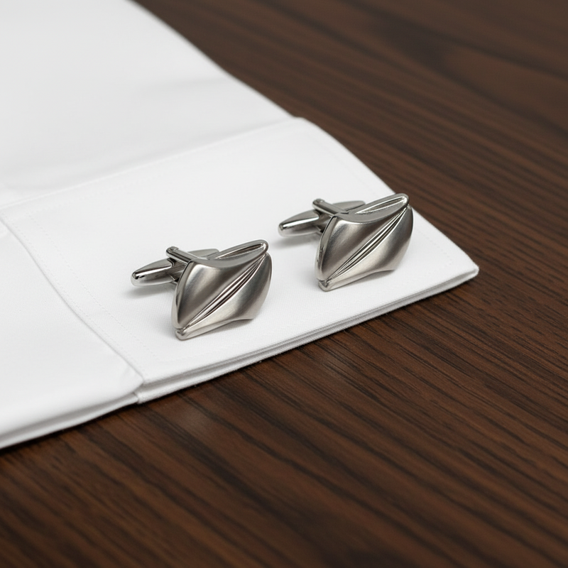 Silver cufflinks on a white cloth with a wooden surface background