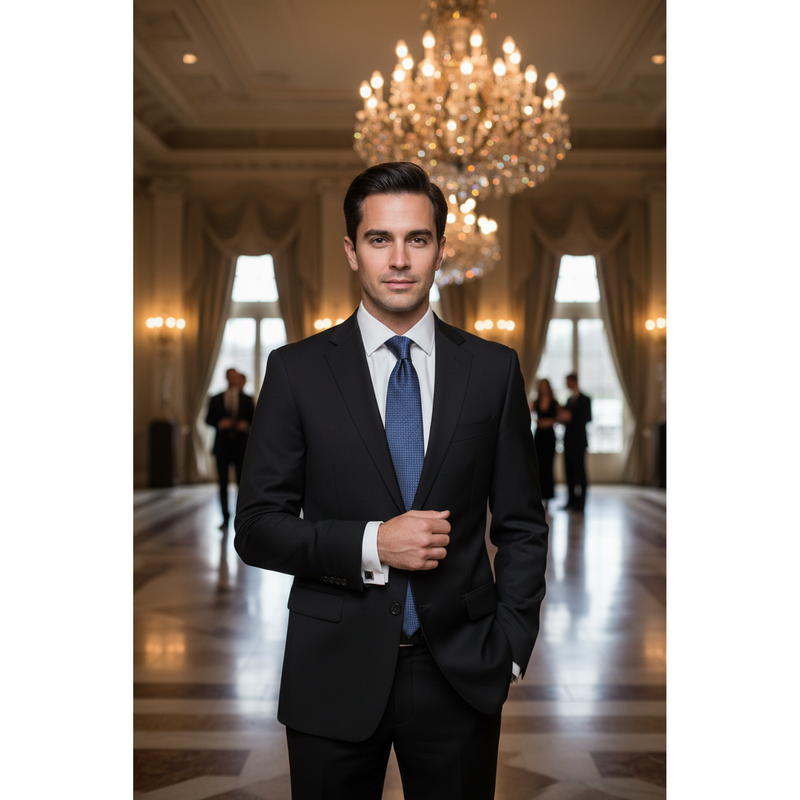 A man in a black suit, white dress shirt, and blue tie stands in a grand, elegant hall with a large chandelier in the background.