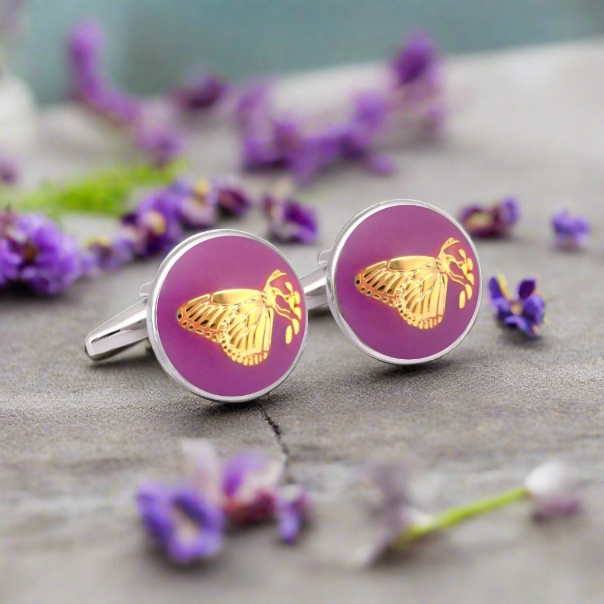 Botanic Series - Round Gold Butterfly Cufflinks in Purple