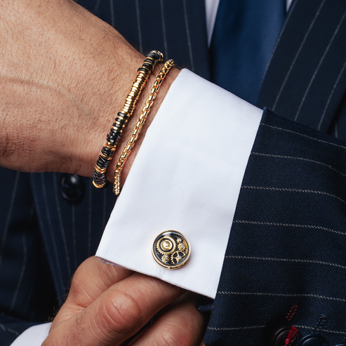Carousel Gear Cufflinks Yellow Gold Plated Base Metal With Black Enamel