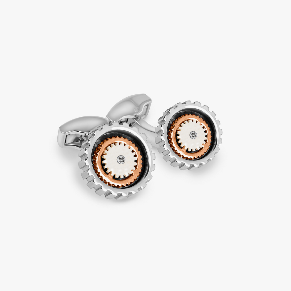Rotare Gear Cufflinks Rhodium Plated with White Mother of Pearl