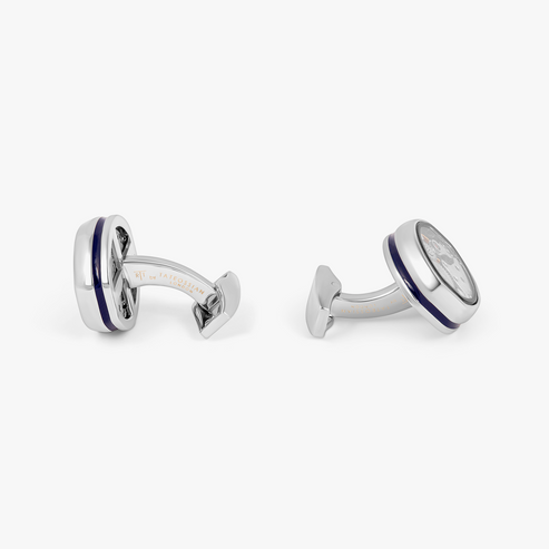 Tonneau Skeleton Cufflinks -Palladium & Blue Enamel