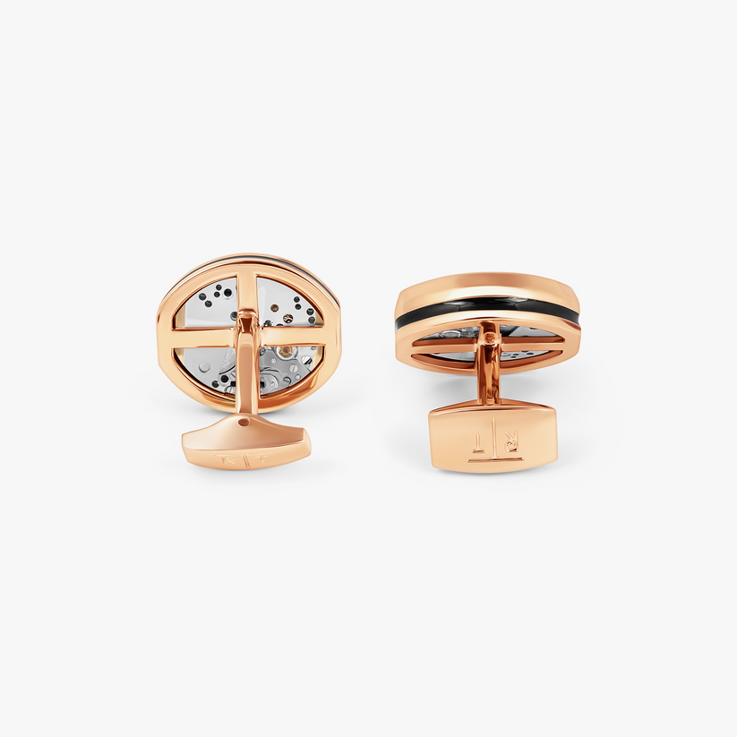 Tonneau Skeleton Cufflinks -Rose Gold and Black Enamel