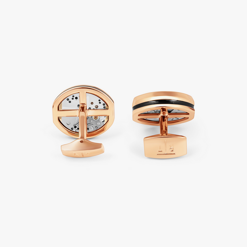 Tonneau Skeleton Cufflinks -Rose Gold and Black Enamel