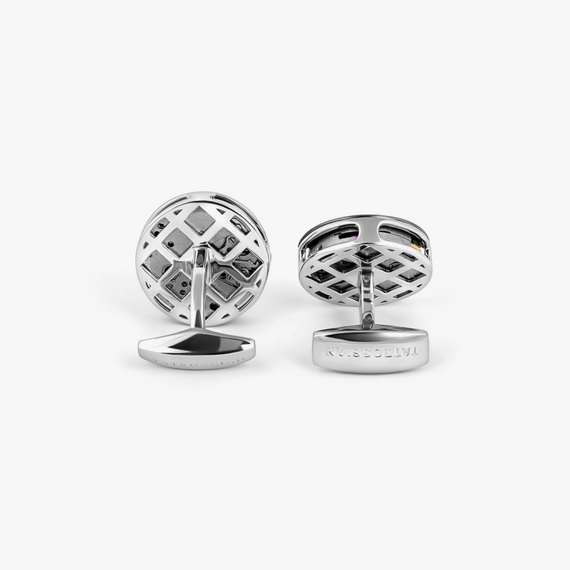 Deboss Round Skeleton Cufflinks Rhodium Plated Silver with Watch Movemen