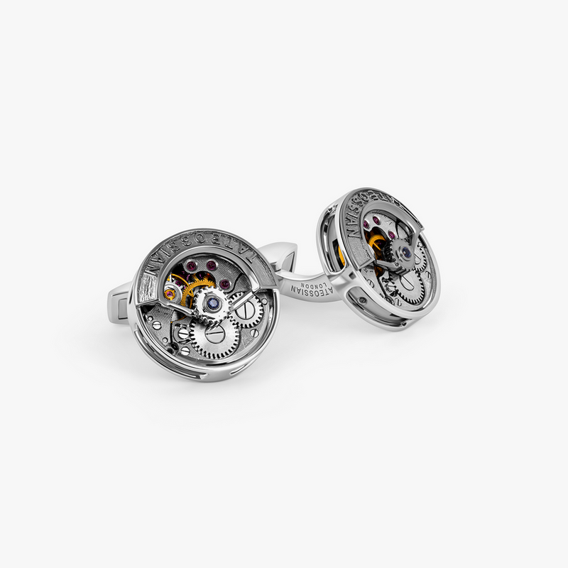 Deboss Round Skeleton Cufflinks Rhodium Plated Silver with Watch Movemen