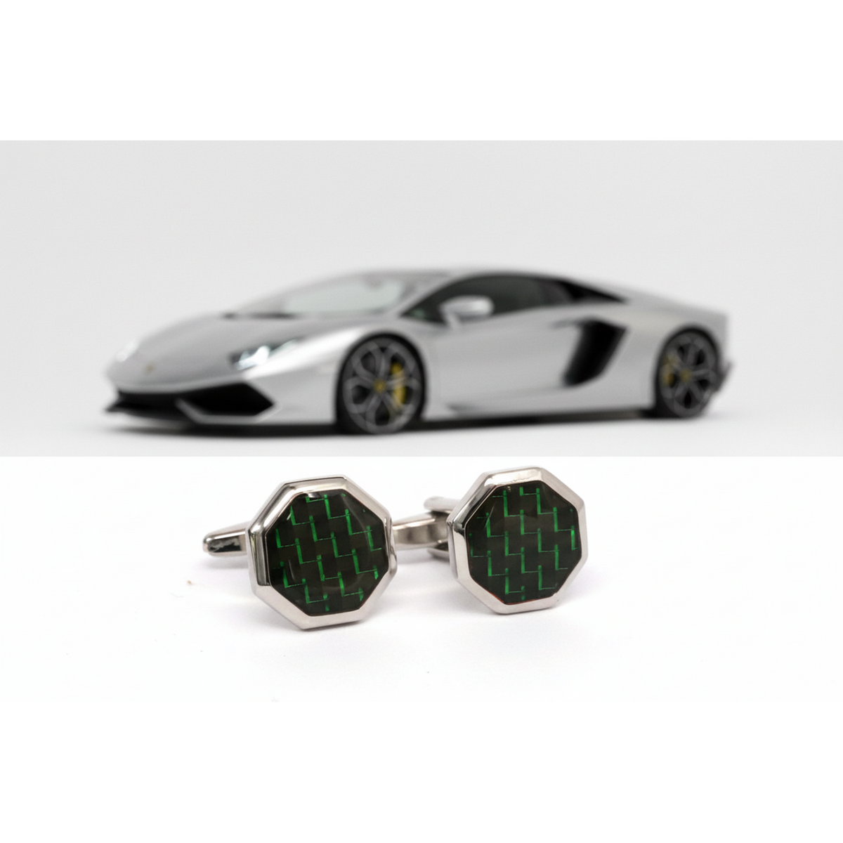 Hexagonal cufflinks with green and black pattern on a white background