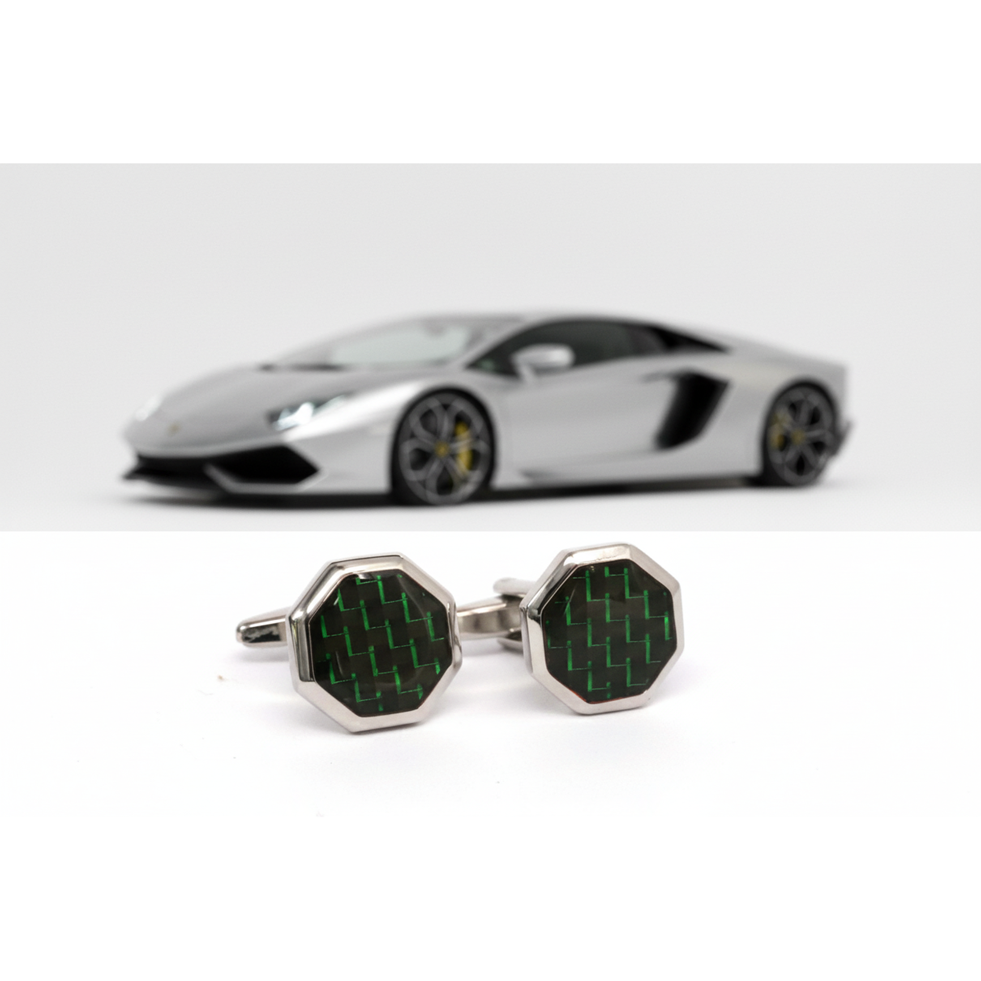 Hexagonal cufflinks with green and black pattern on a white background