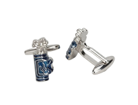 A pair of silver-toned cufflinks shaped like a golf bag with blue and white enamel detailing, displayed on a light gray background.
