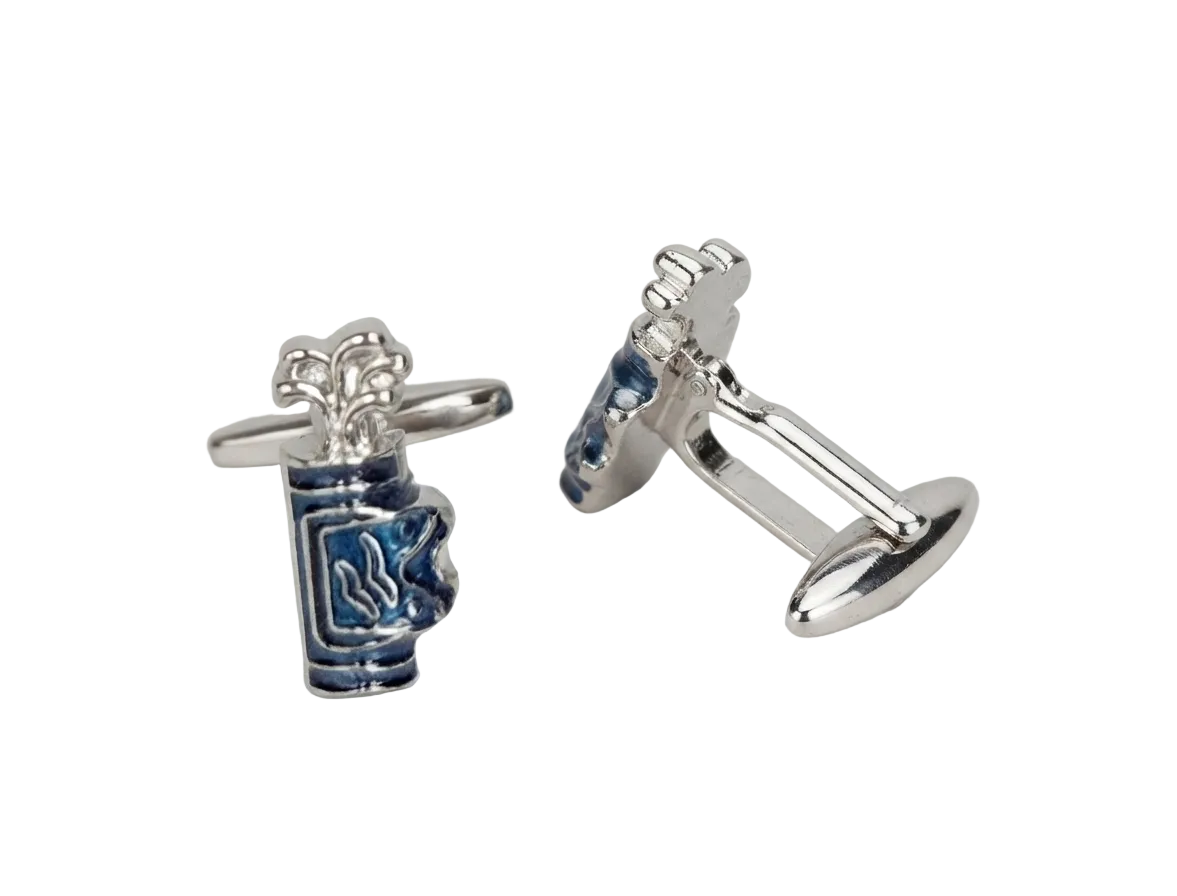 A pair of silver-toned cufflinks shaped like a golf bag with blue and white enamel detailing, displayed on a light gray background.