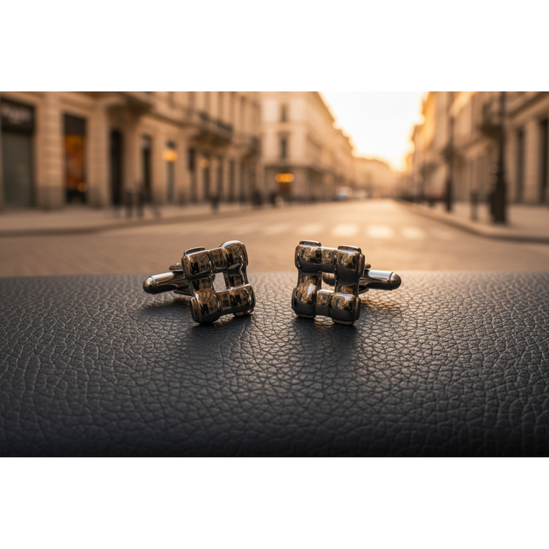 High polish cufflinks in intreccioto design on a textured surface with a city street background.
