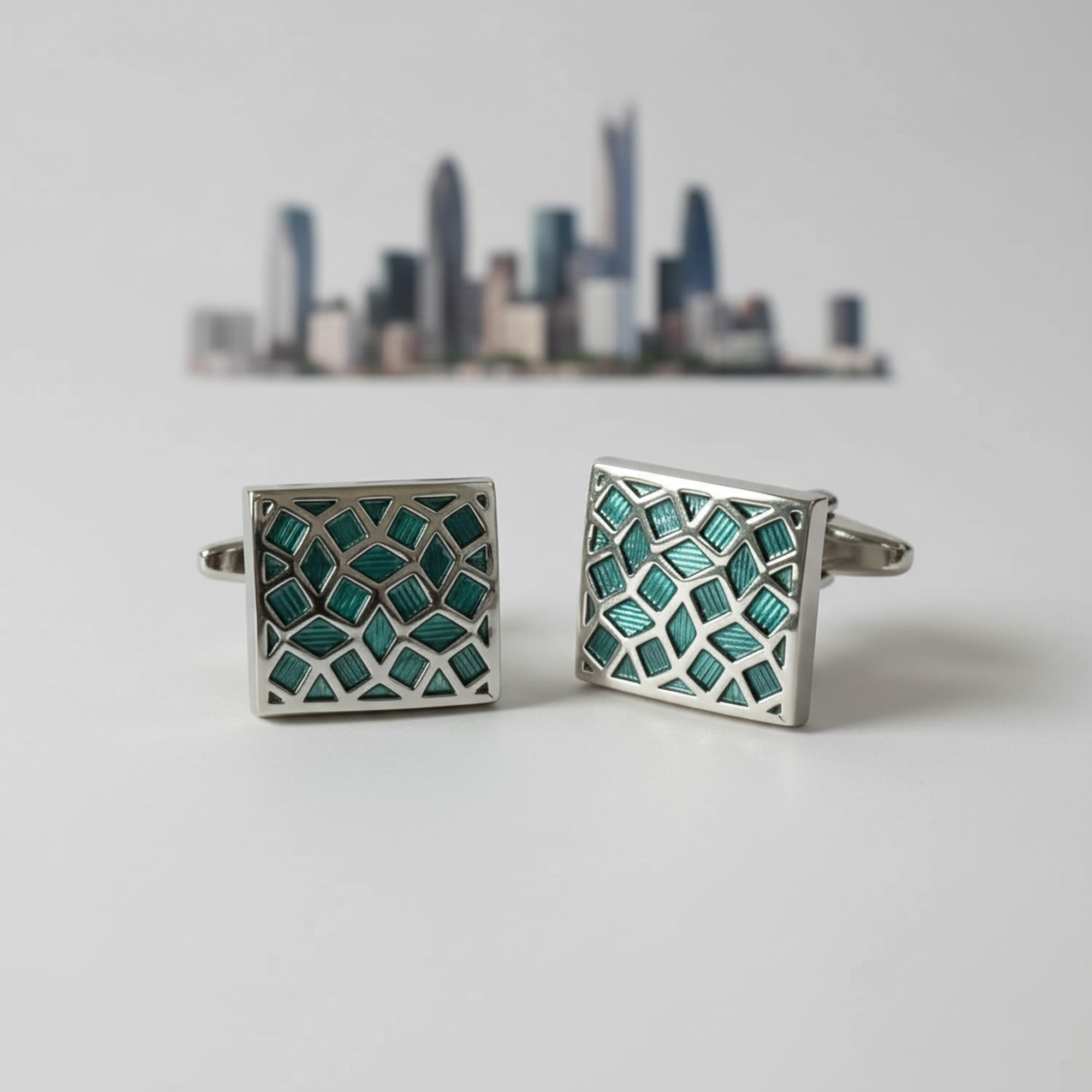 Silver with Turquoise Enamel Crack Design Cufflinks