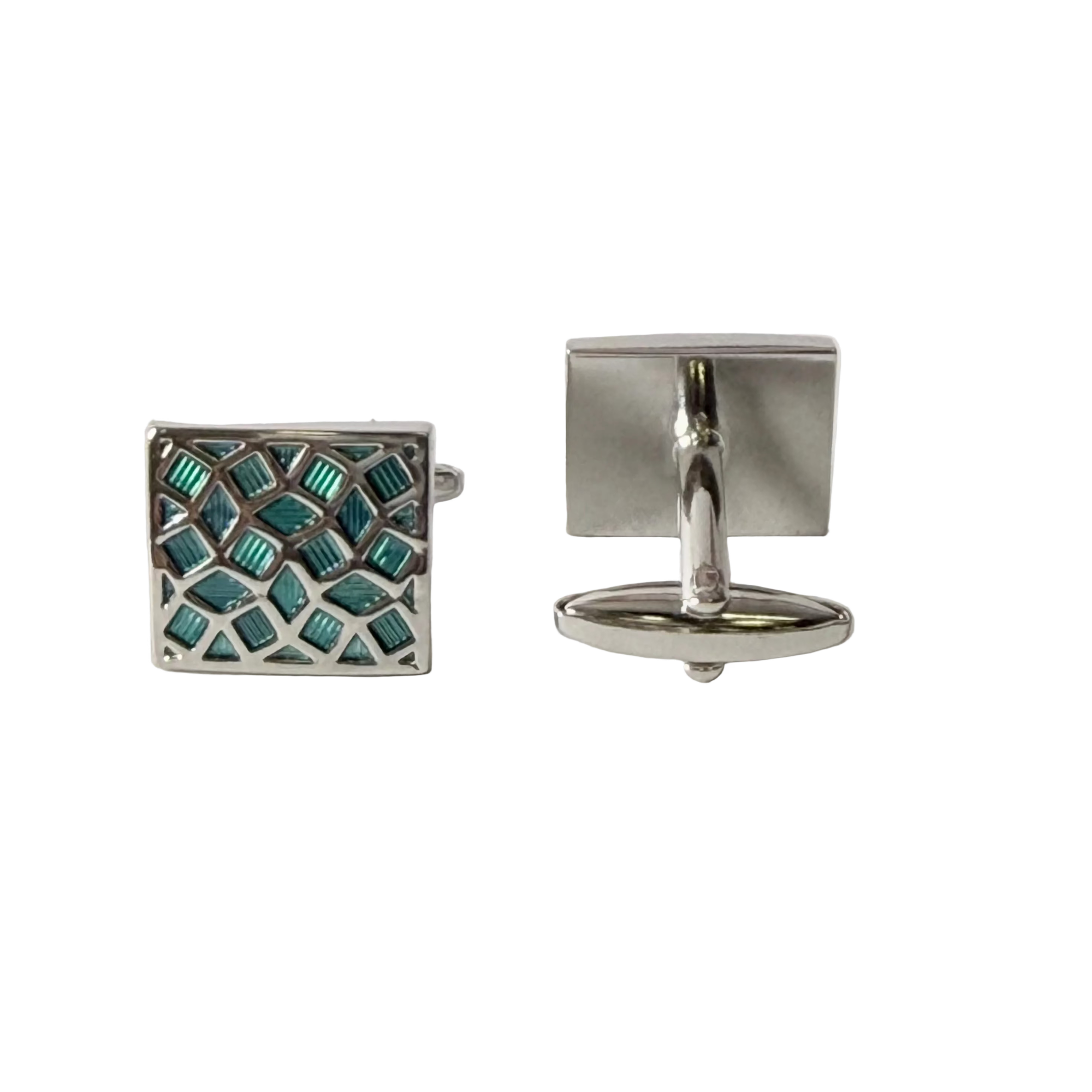 Pair of square cufflinks with one having a geometric pattern and the other plain, on a light gray background.