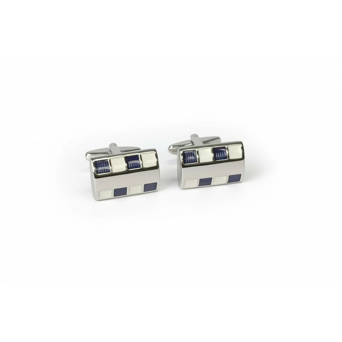 Pair of silver cufflinks with blue accents on a light gray background