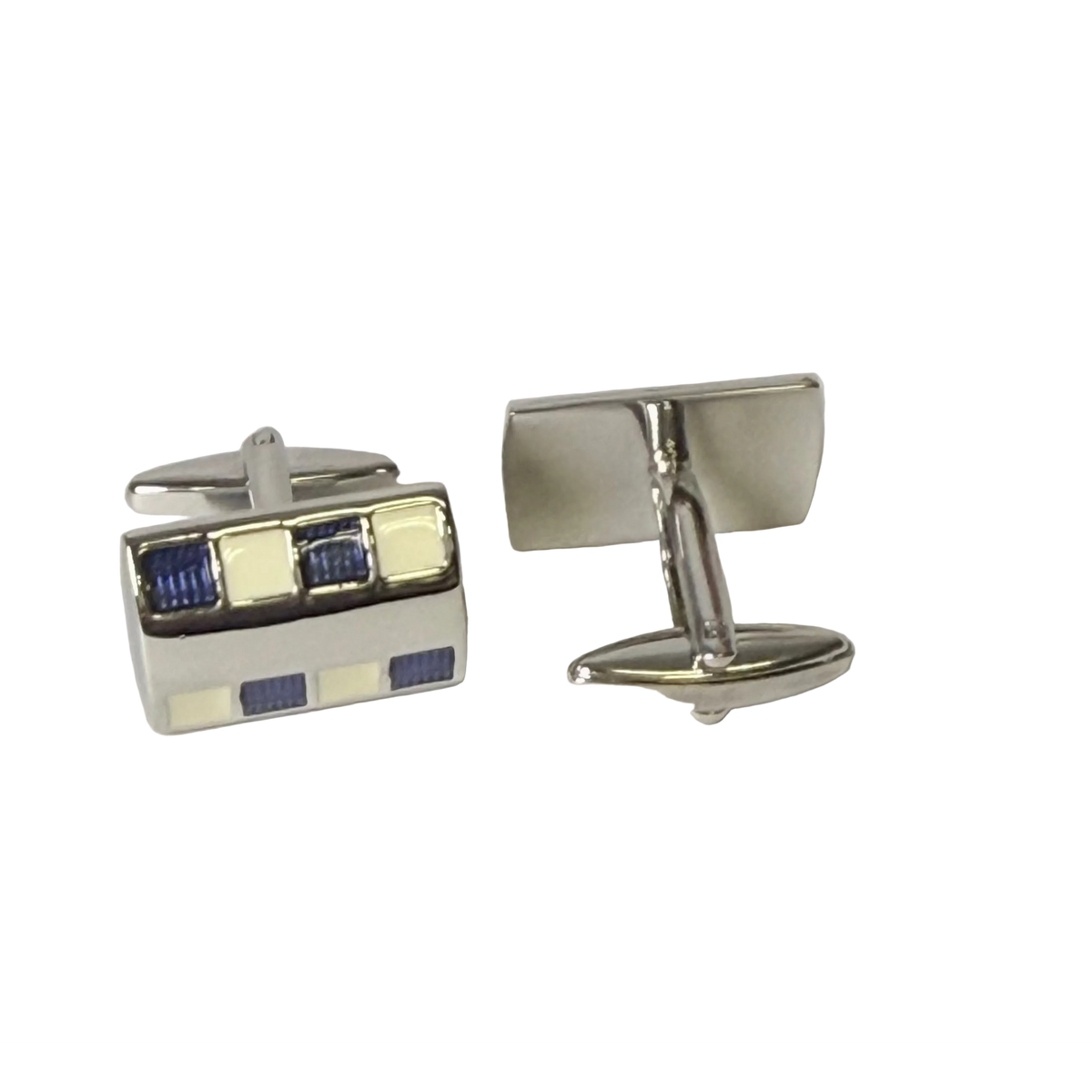 Pair of silver cufflinks with blue and white square design on a light gray background