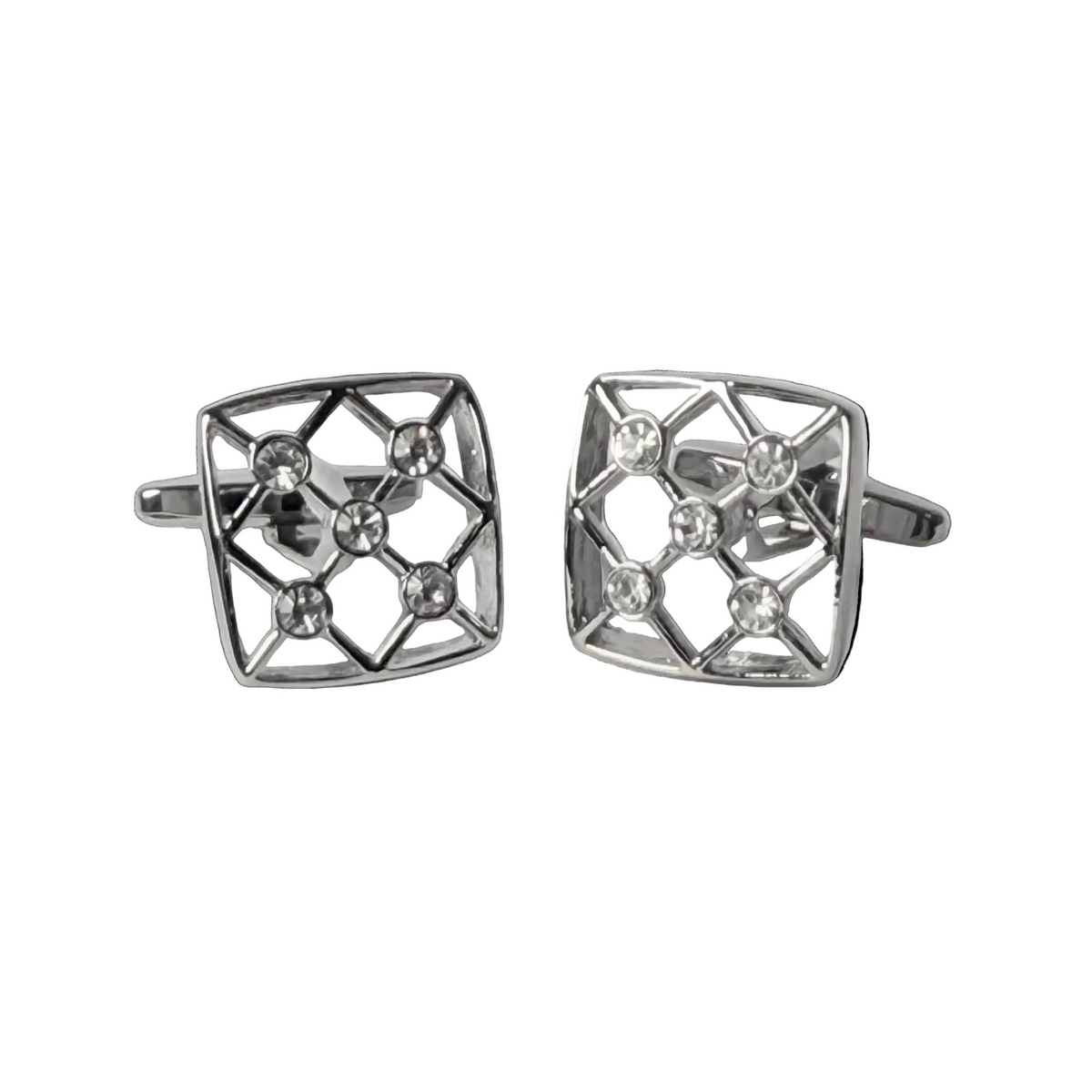 Pair of silver geometric cufflinks on a light gray background