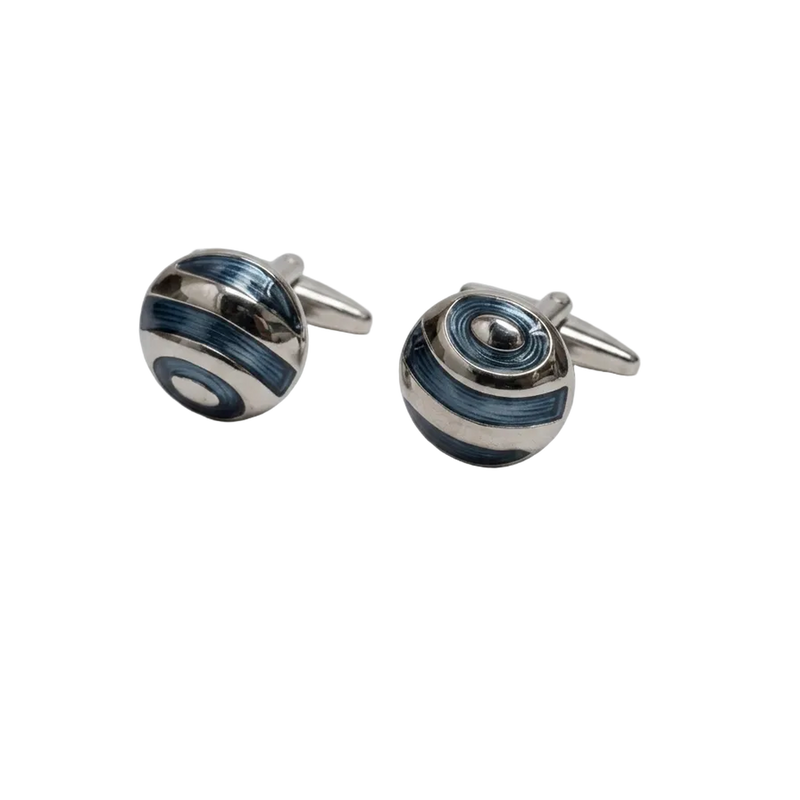 Pair of silver and blue striped cufflinks on a light gray background