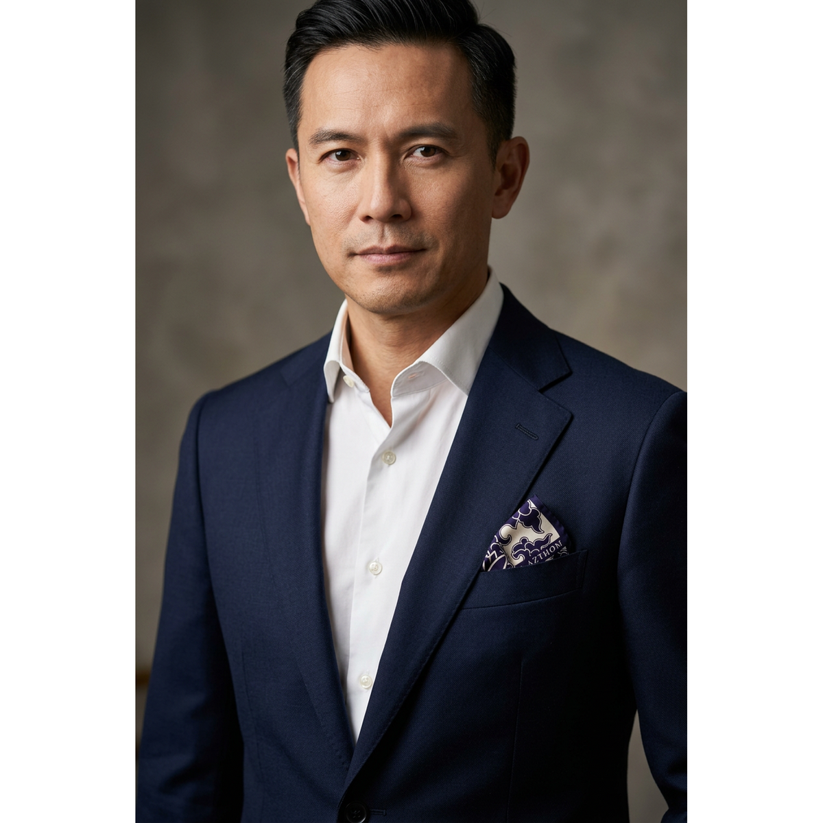 A man in a navy blue suit jacket and white dress shirt, featuring a patterned pocket square, photographed against a neutral textured studio background.