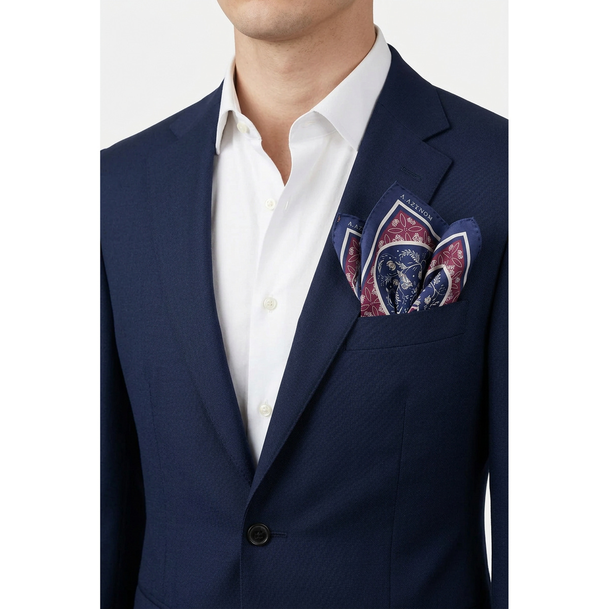 A.Azthom Peranakan Floral Medallion Silk Pocket Square – Navy & Burgundy Red (32x32cm)