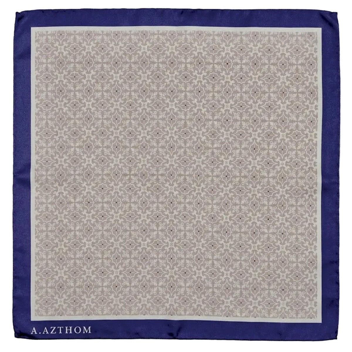 A square silk pocket square by A. Azthom, featuring a beige and brown geometric damask pattern in the center, a solid navy blue border, and the brand name printed in white at the bottom left corner.