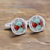 MarZthomson Blue and Red Round Cufflinks with Silver Screw Head Border (Online Exclusive)