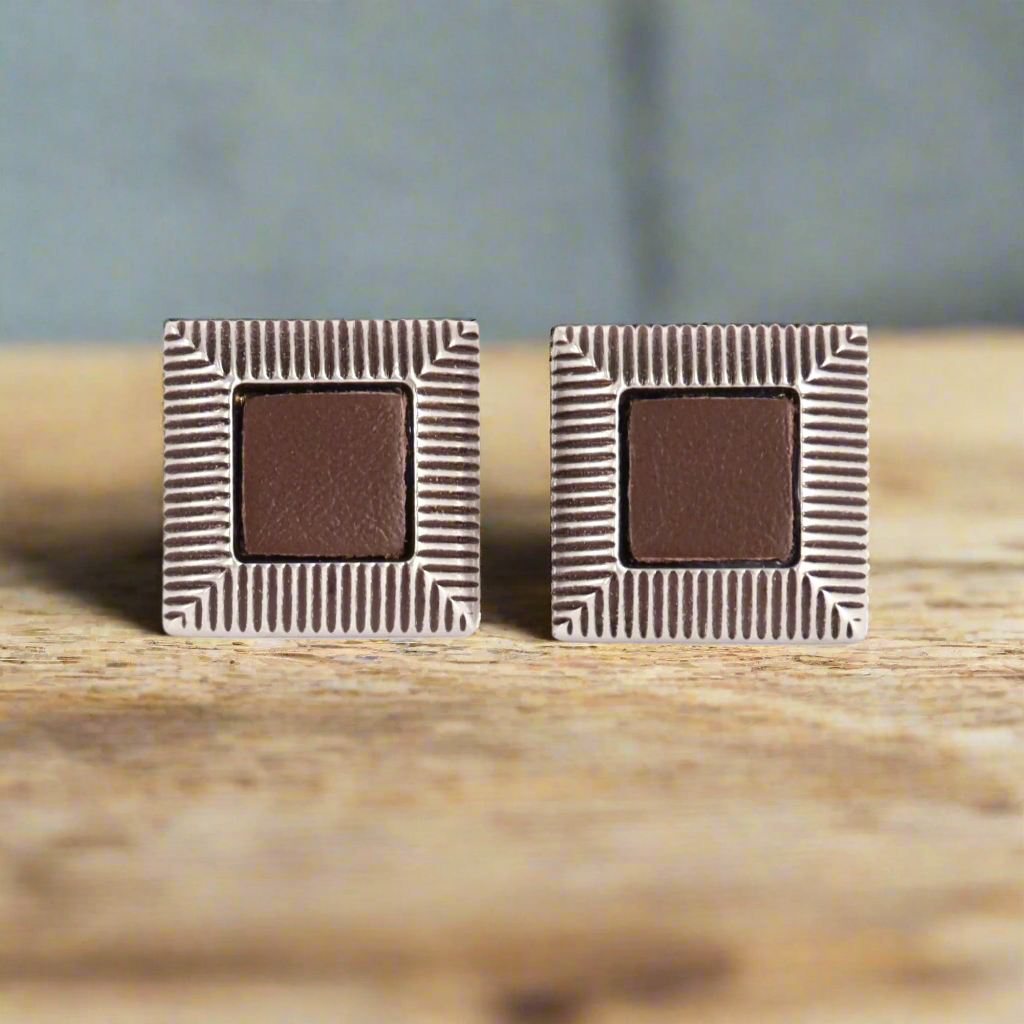 Genuine Brown Leather square with Roof top Mansard Cufflinks