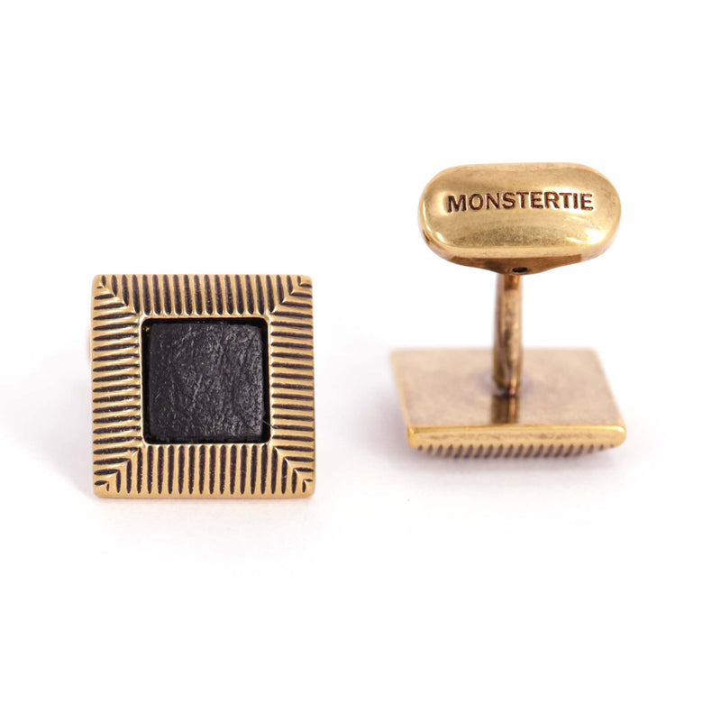 Gold Genuine Black Leather square with Roof top Mansard Cufflinks