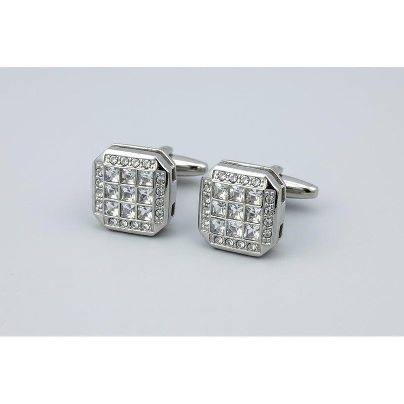 Crystal square silver cufflinks featuring sparkling clear crystals and a sleek silver-plated finish.