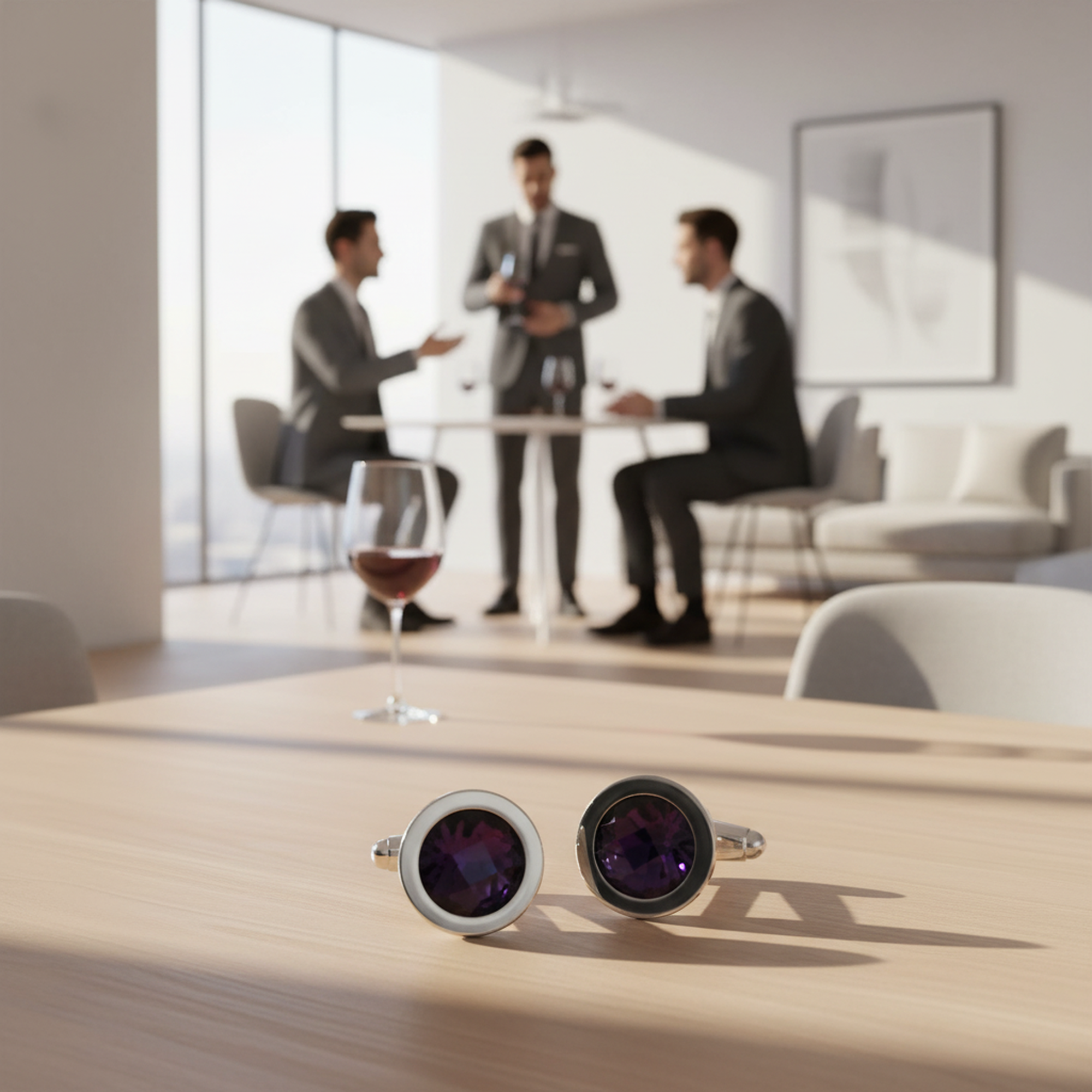 Pair of round cufflinks with purple gemstones on a white background