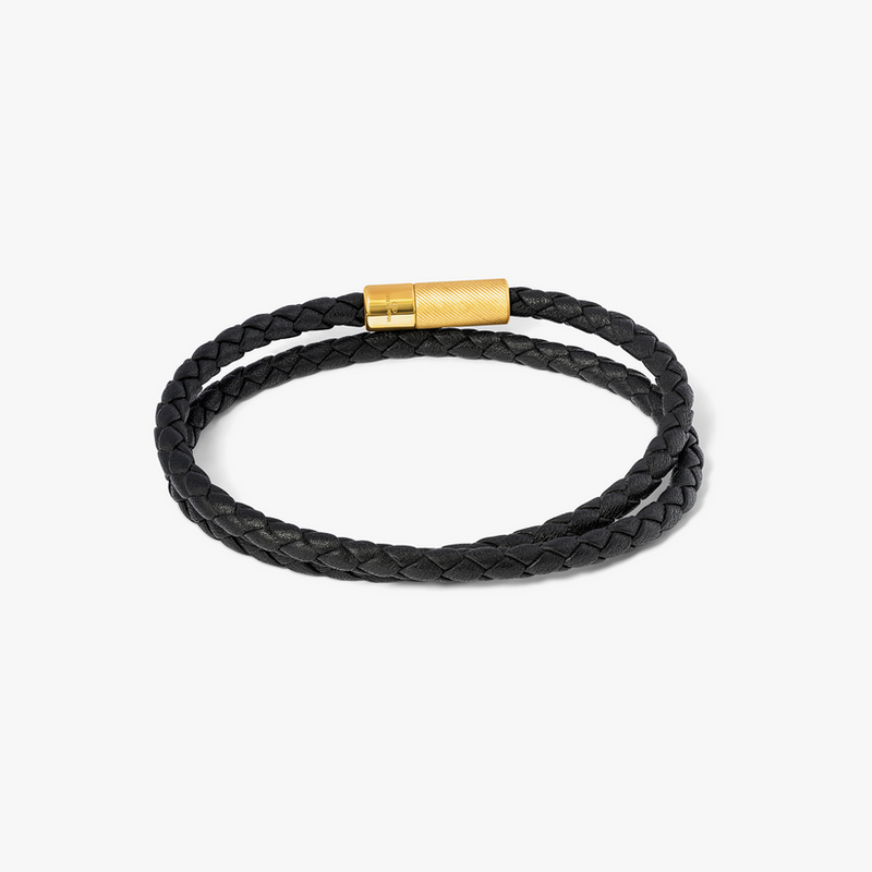 Pop Rigato Double Wrap Leather Bracelet Black With 18K Yellow Gold Plated