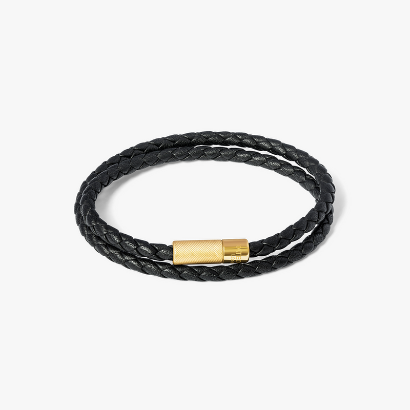 Pop Rigato Double Wrap Leather Bracelet Black With 18K Yellow Gold Plated