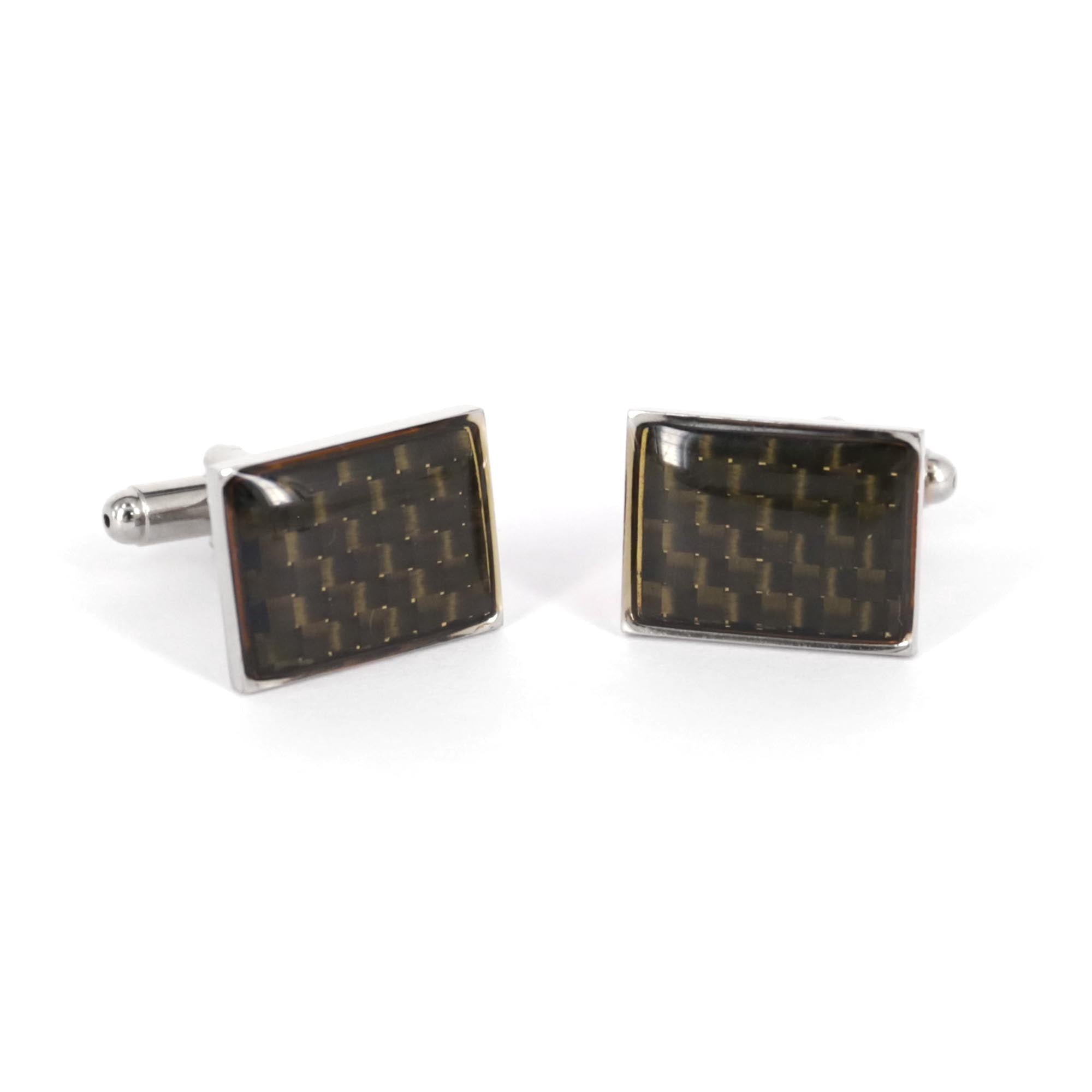 Brown Carbon Fiber rectangle Cufflinks in Silver