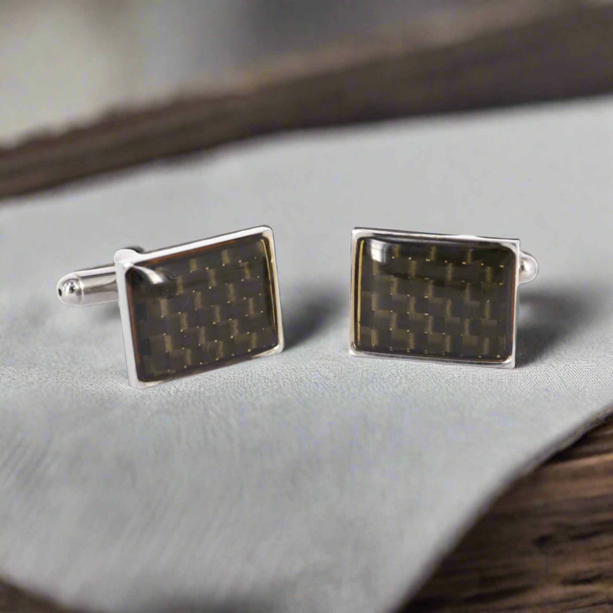 Brown Carbon Fiber rectangle Cufflinks in Silver