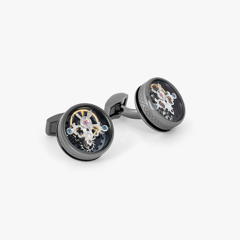 Single Tourbillon Gear Cufflinks Gunmetal and Black Enamel