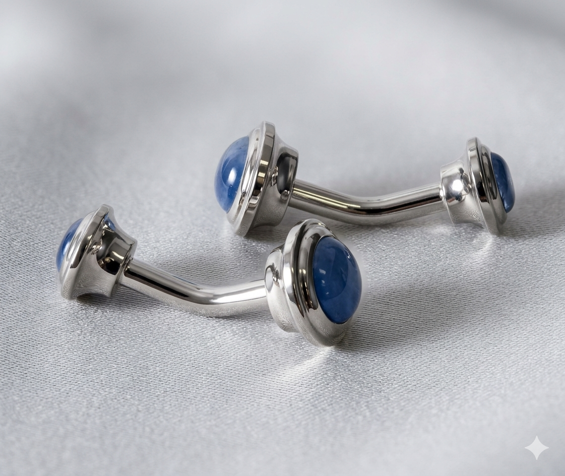Two silver-toned curved barbell piercings with round blue cateye, displayed on a textured light gray fabric background.